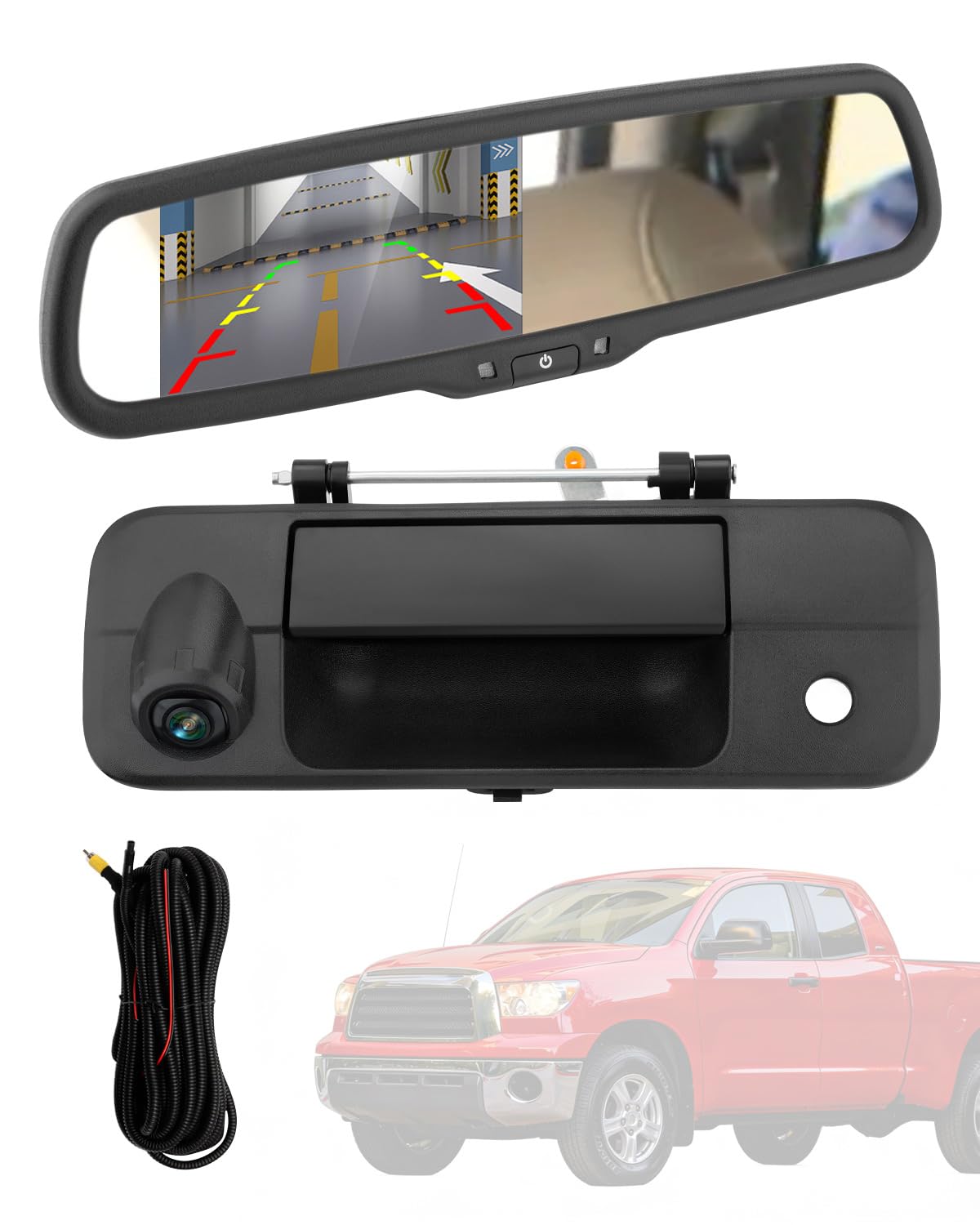 Rearview Mirror Monitor w/Backup Camera Tailgate Handle, Compatible with 2007-2013 Toyota Tundra, 4.3" Rear View, 170° Rear Viewing Angle, Waterproof Rear View Camera, Parking Assist Safety System