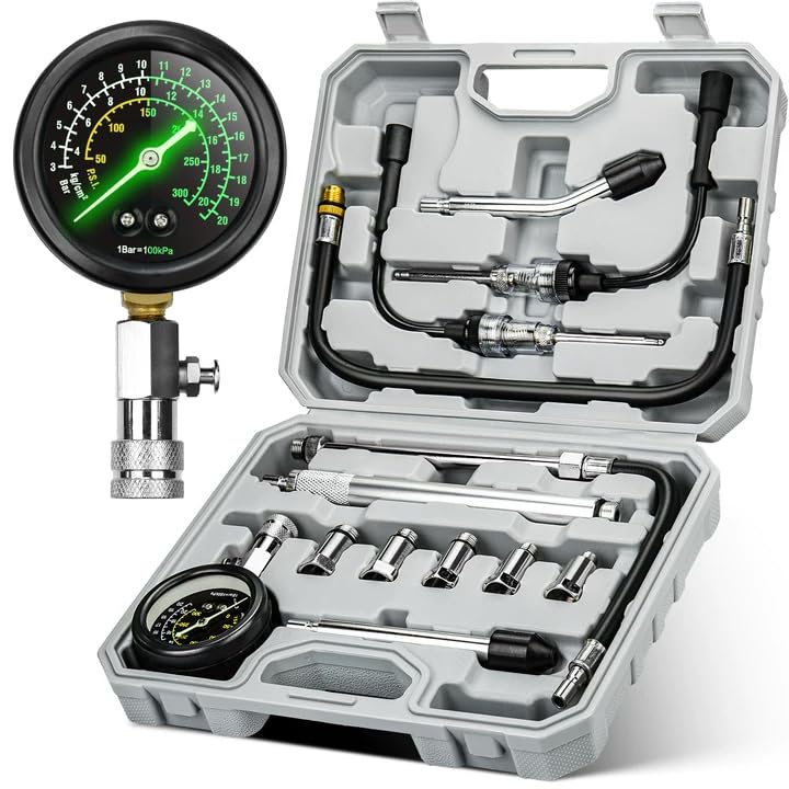 AUTOWN Professional Compression Tester Kit with Fluorescent Gauge – 300 PSI Triple-Scale, 2 Spark Plug Testers, 13-Piece Set for Car, Truck, ATV & Small Gas Engines