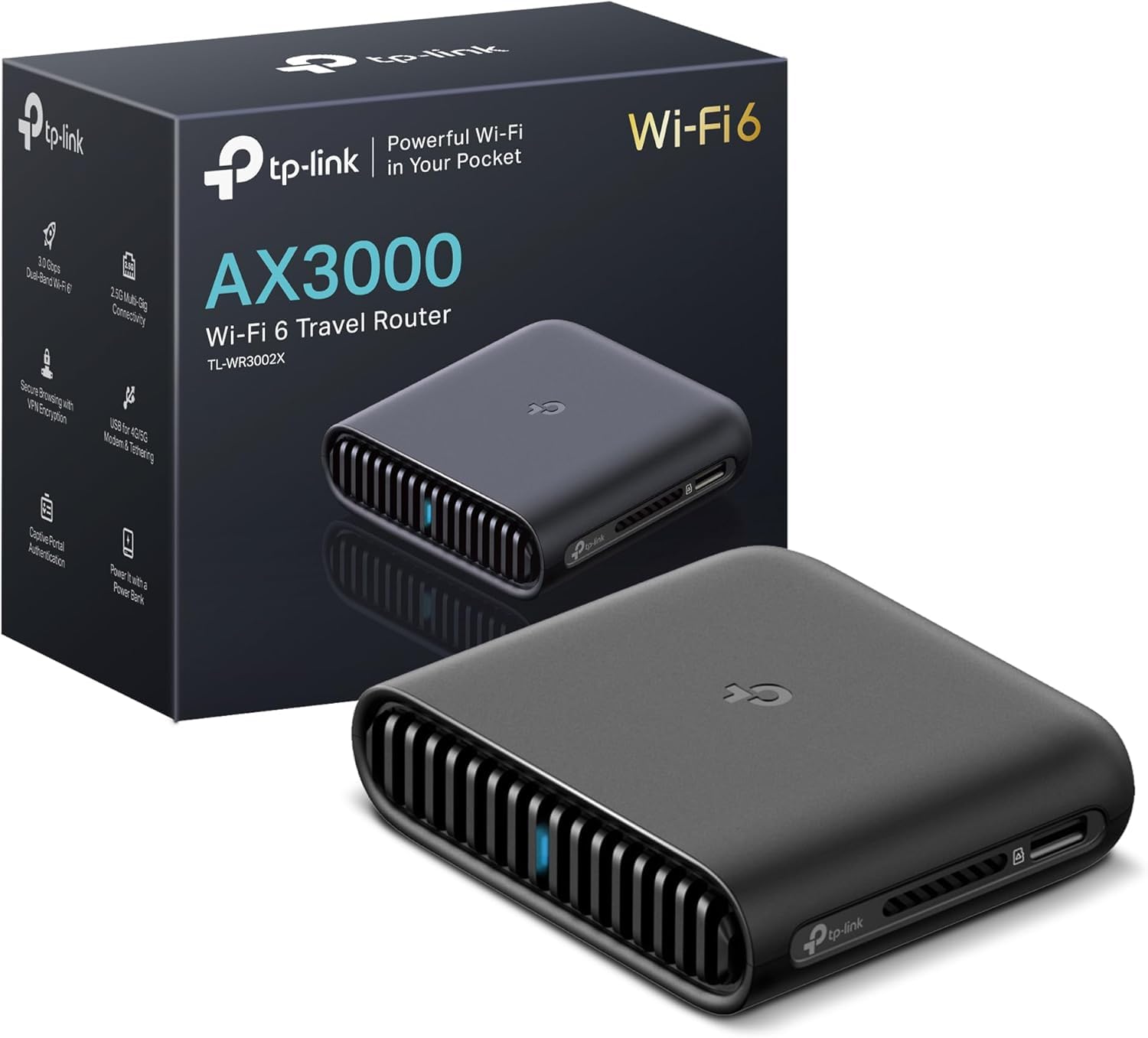 TP-Link Roam 6 AX3000 Dual-Band Wi-Fi 6 Travel Router โ Multi-Gig Portable, OpenVPN, WireGuard, Public Network Sharing, Hotel/Cruise Approved, Phone Tethering, USB 3.0, Multi-Mode - TL-WR3002X