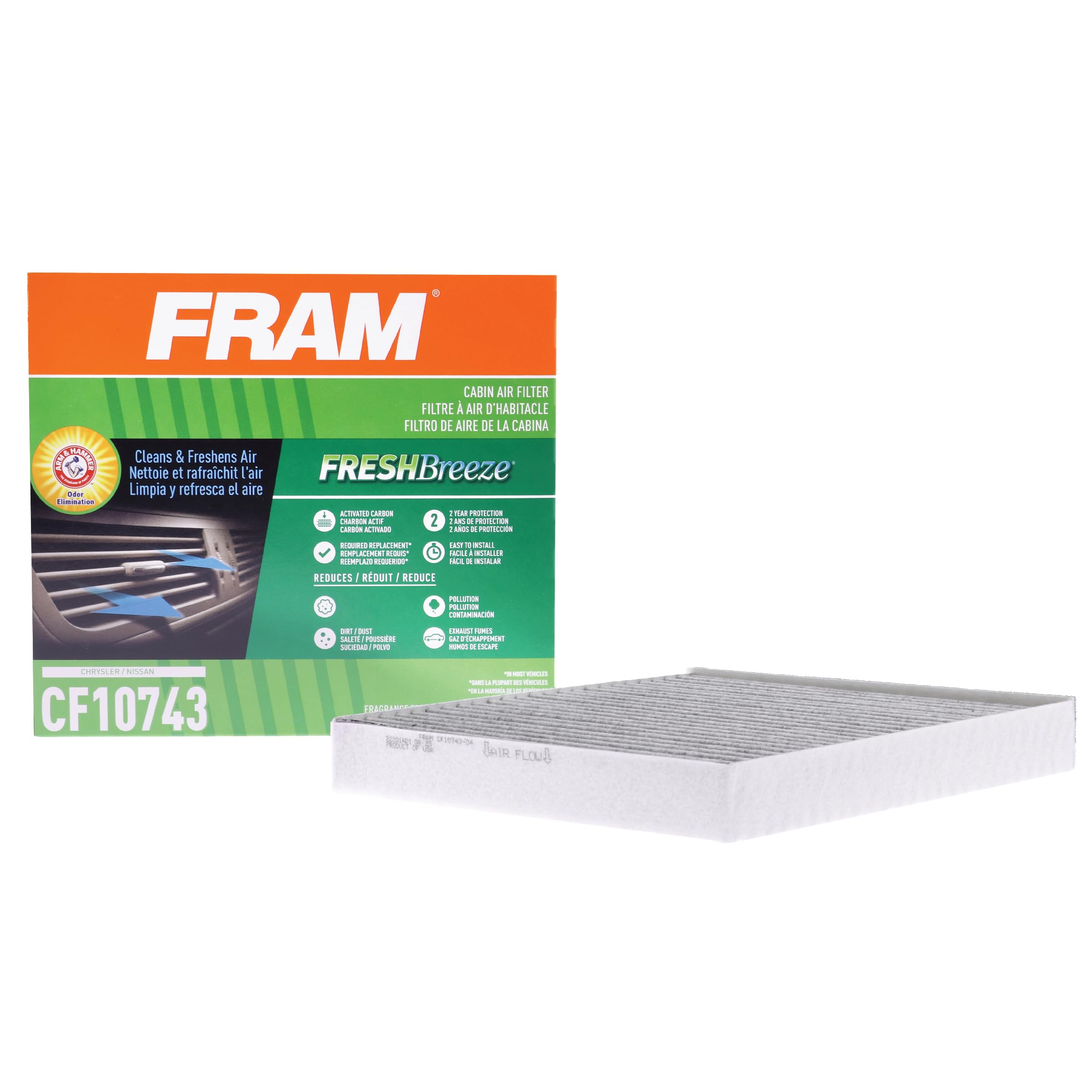 FRAM Fresh Breeze Cabin Air Filter Replacement for Car Passenger Compartment w/Arm and Hammer Baking Soda, Easy Install, CF10743 for Select Chrysler and Nissan Vehicles , white