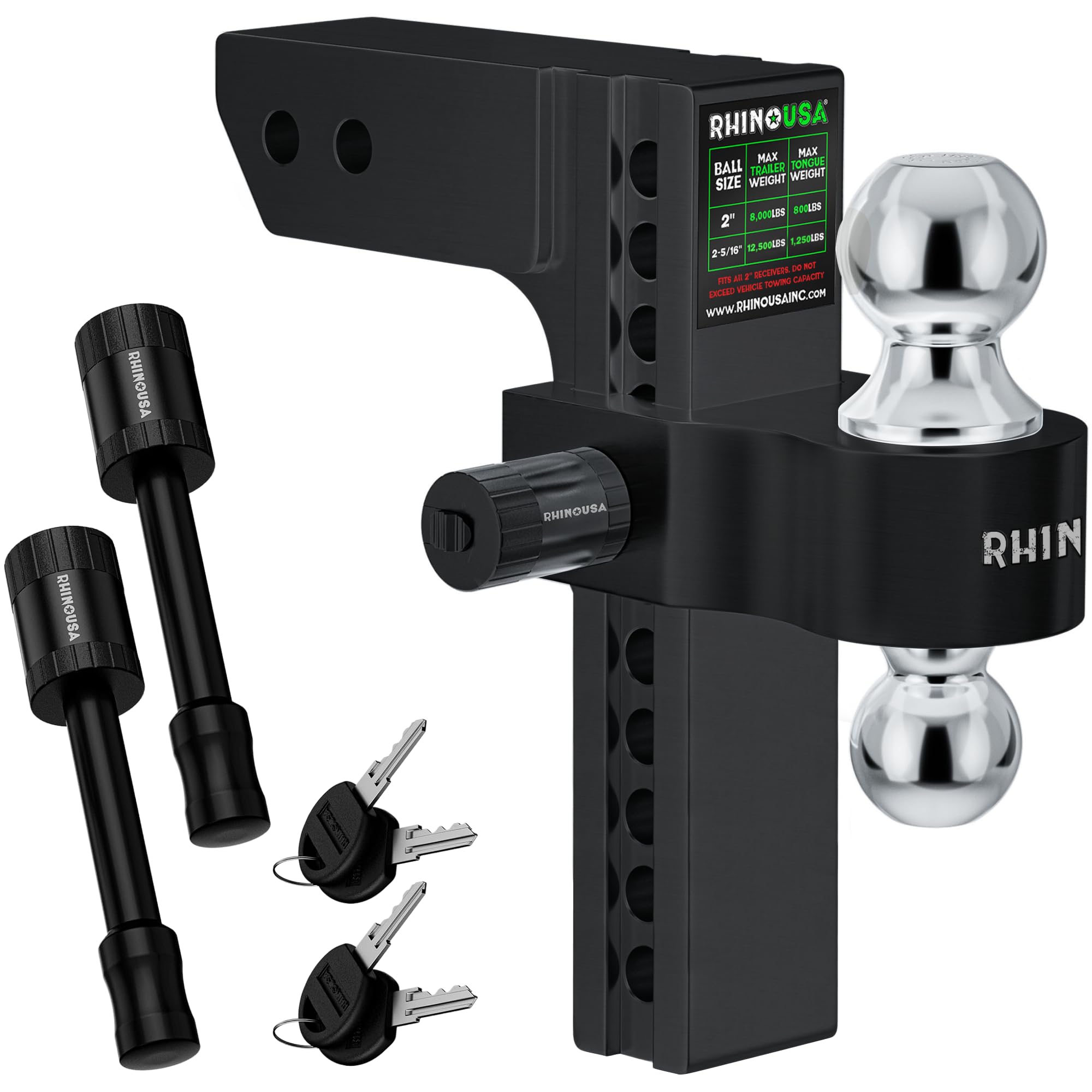 Rhino USA Adjustable Trailer Hitch (Fits 2-Inch Receiver)-Heavy Duty Aluminum Tow Hitches with 10-Inch Drop/Rise for Truck (12,500 LBS GTW) - Weatherproof Double Anti-Theft Locking Hitch Pins (Black)