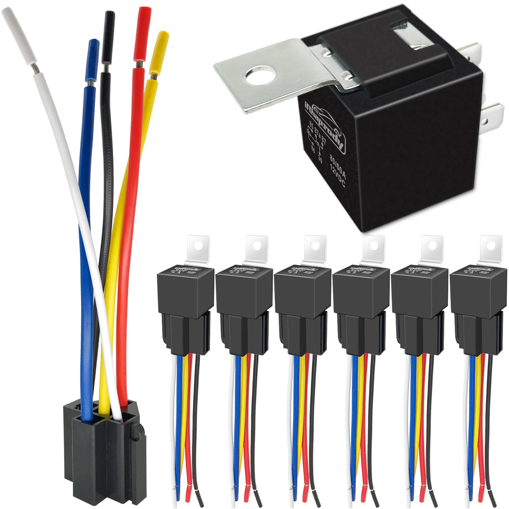 80/60Amp 12V 5-pin Relay Kit, SPDT 12-Volt Automotive Relay with Heavy-Duty Pigtail, 6-Pack