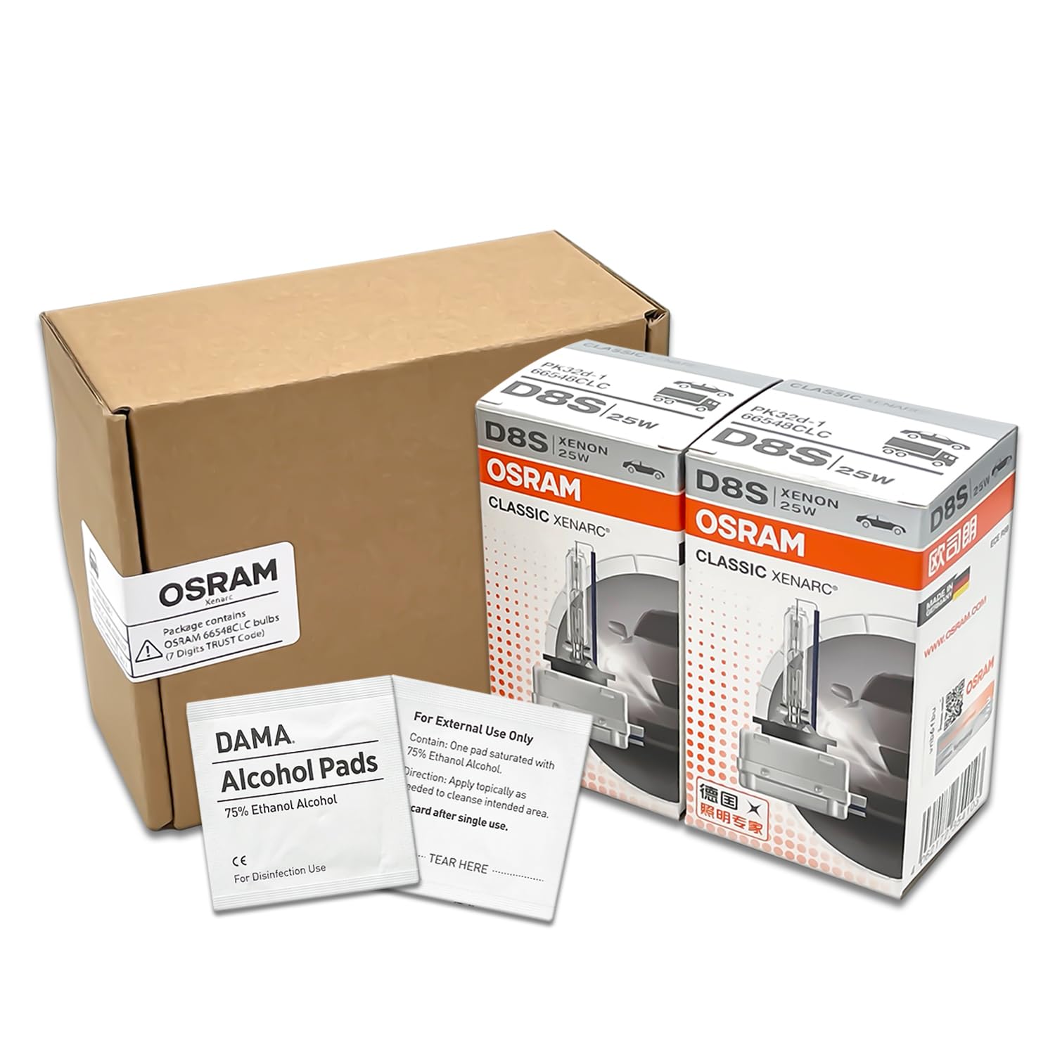 OSRAM D8S OEM Classic Xenarc HID Xenon Headlight Bulbs 66548CLC 25W 4500K w/DAMA Alcohol Pads | Pack of 2