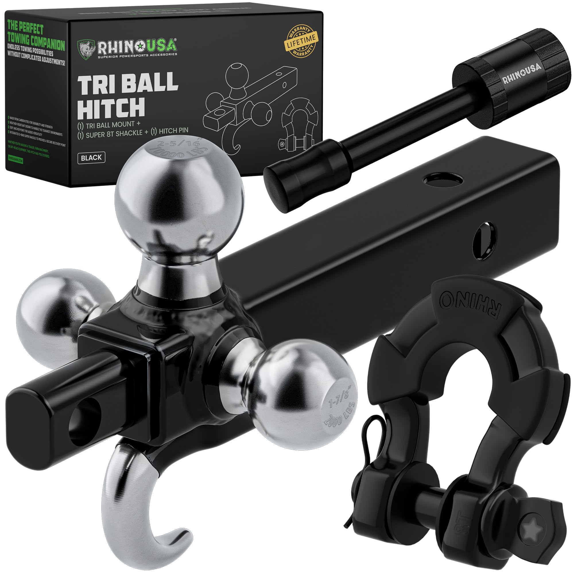 Rhino USA Trailer Hitch Tri-Ball Mount with Hook, Shackle & Locking Pin (2-Inch Receiver) Versatile Tow Hitch Ball Size 1-7/8 Inch, 2 Inch & 2-5/16 - Heavy Duty Truck Towing Hitch (Black)