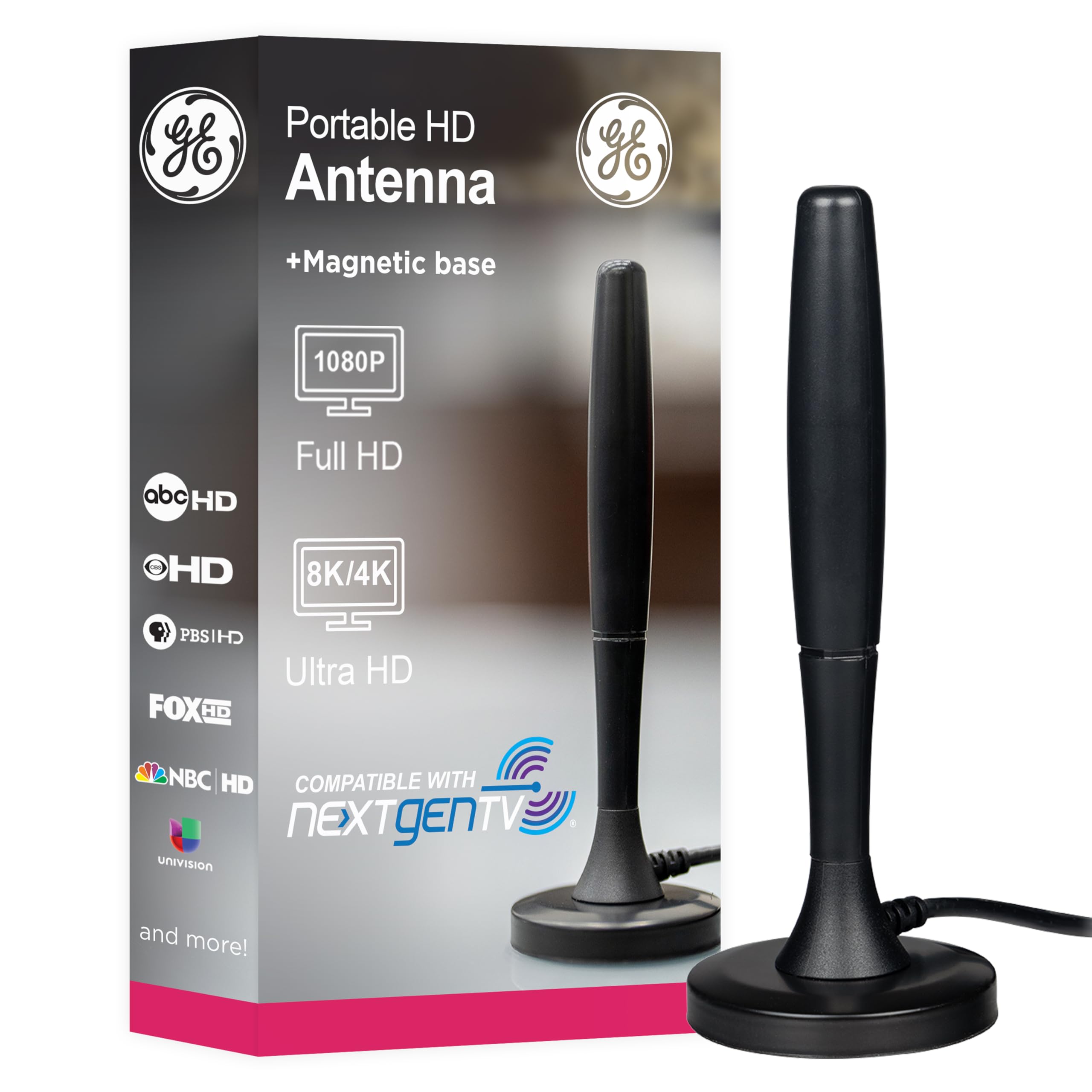 GE Portable HD TV Antenna, Indoor Digital Antenna for 1080p 4K 8K, VHF UHF Channels, 20 Mile Range, Magnetic Base, Compact Travel Design for RV, Camping, Tailgating, Black, 81843