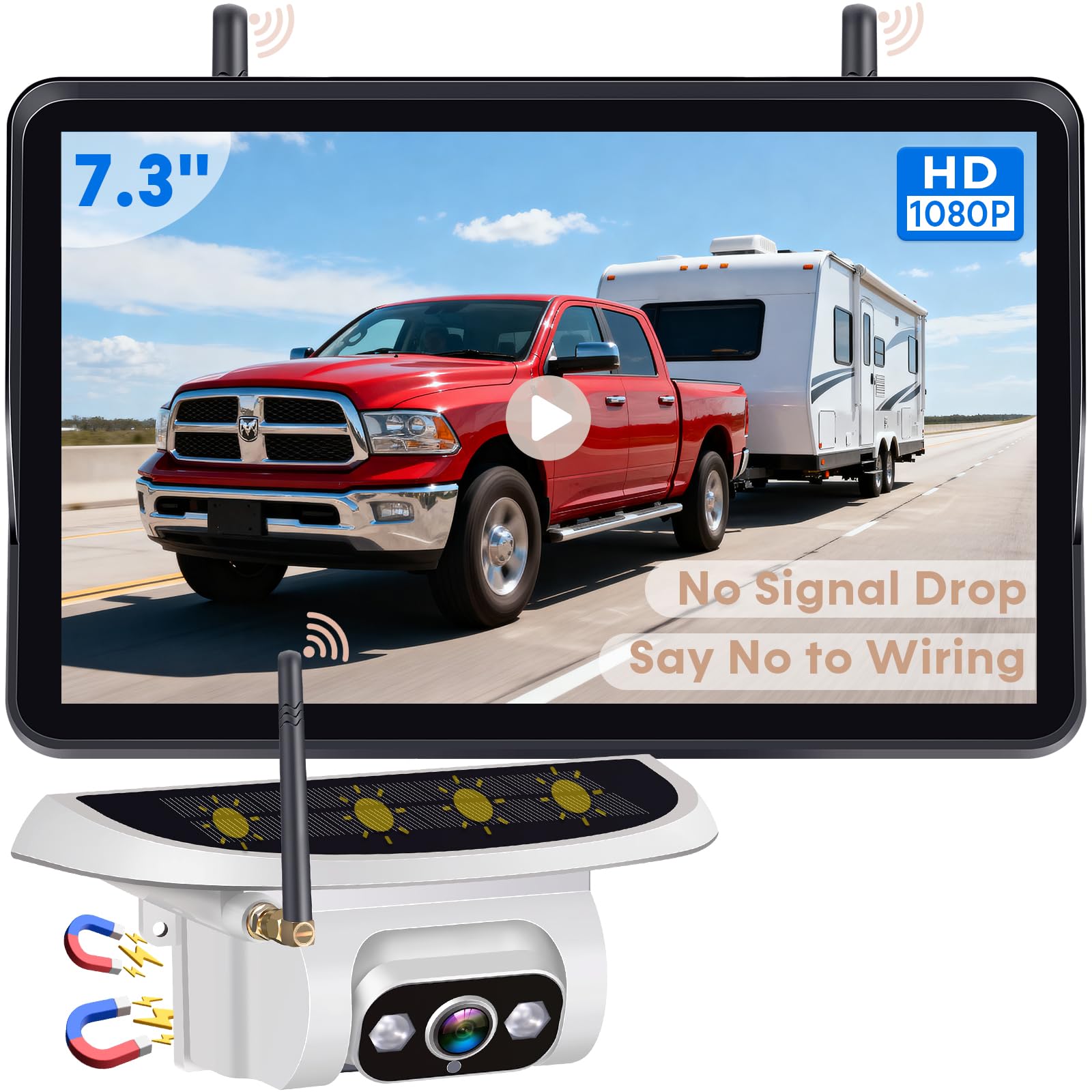 Pemacom Wireless Backup Camera for Towable-RV: Magnetic No Wiring Setup Long Distance Signal for Thor/Forest River Series RVs - 7.3" Recording Monitor HD 1080P Auto Sleep Solar RV Backup Camera