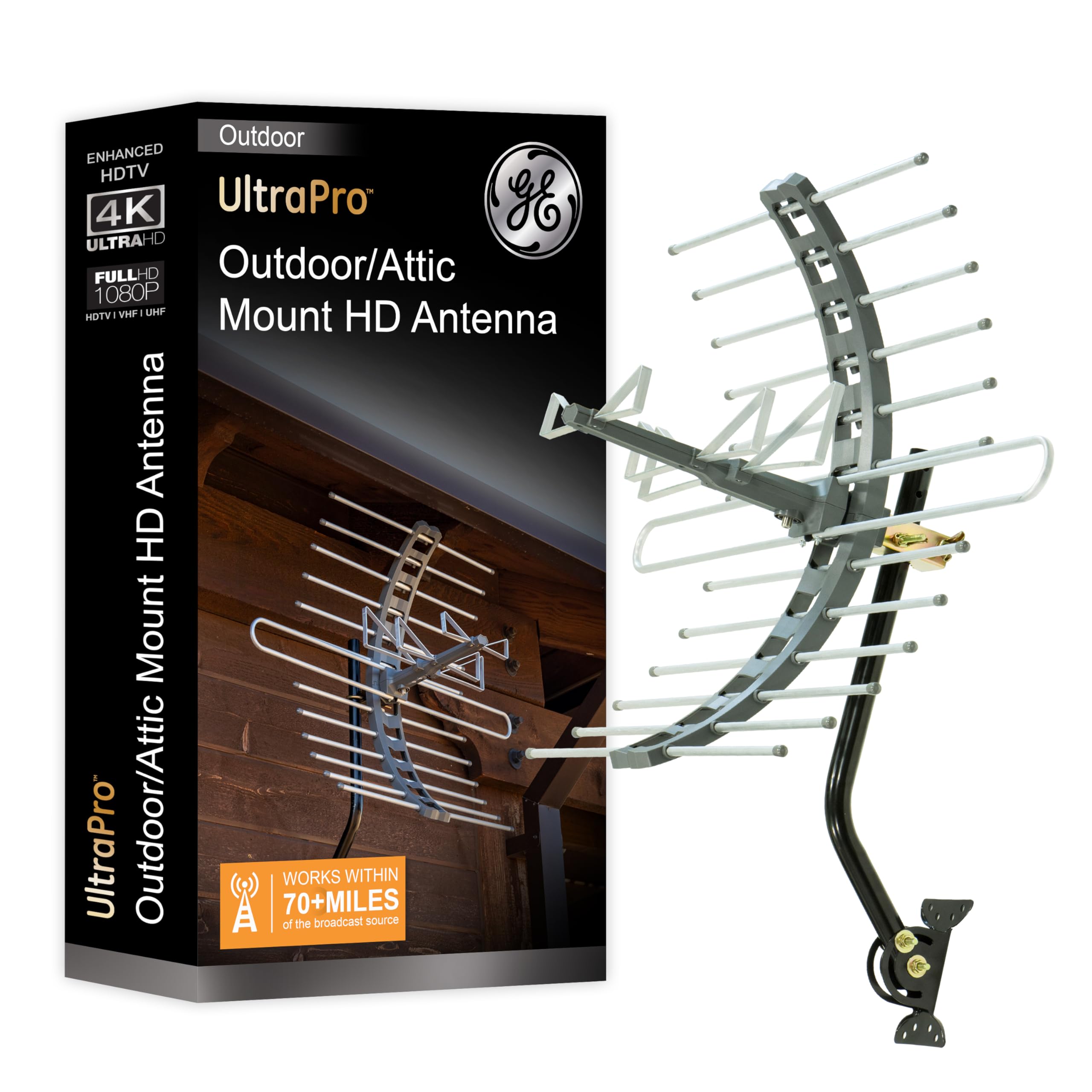GE Outdoor HD Digital TV Antenna, Long Range Smart TV Antenna, Supports 4K 1080P HD Smart TV VHF UHF, J Mount Included for Attic or Outdoor, Weather Resistant, 29884