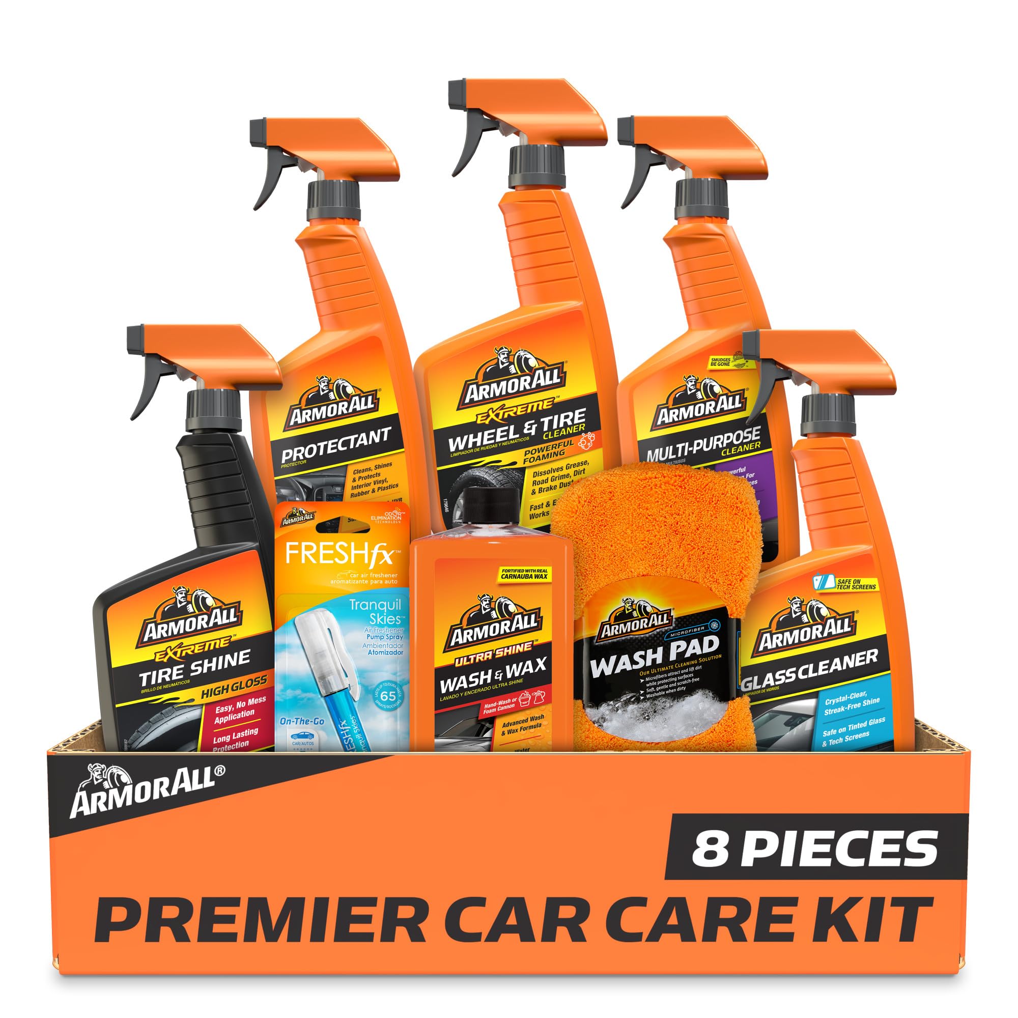 Armor All Premier Car Care Kit, Includes Car Wax & Wash Kit, Glass Cleaner, Car Air Freshener, Tire & Wheel Cleaner (8 Piece Kit)