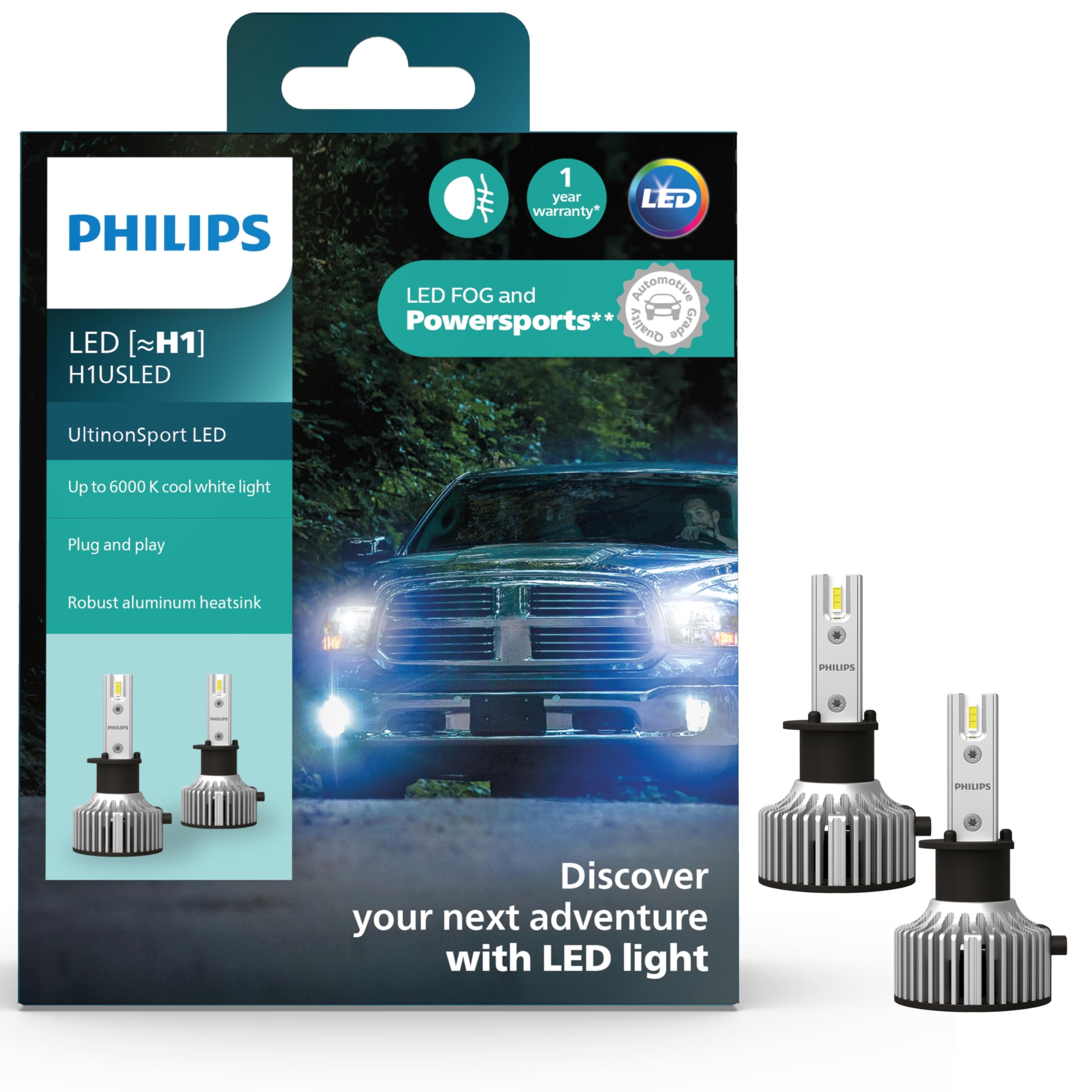 Philips UltinonSport H1 LED Bulb for Fog Light and Powersports Headlights, 2 Pack