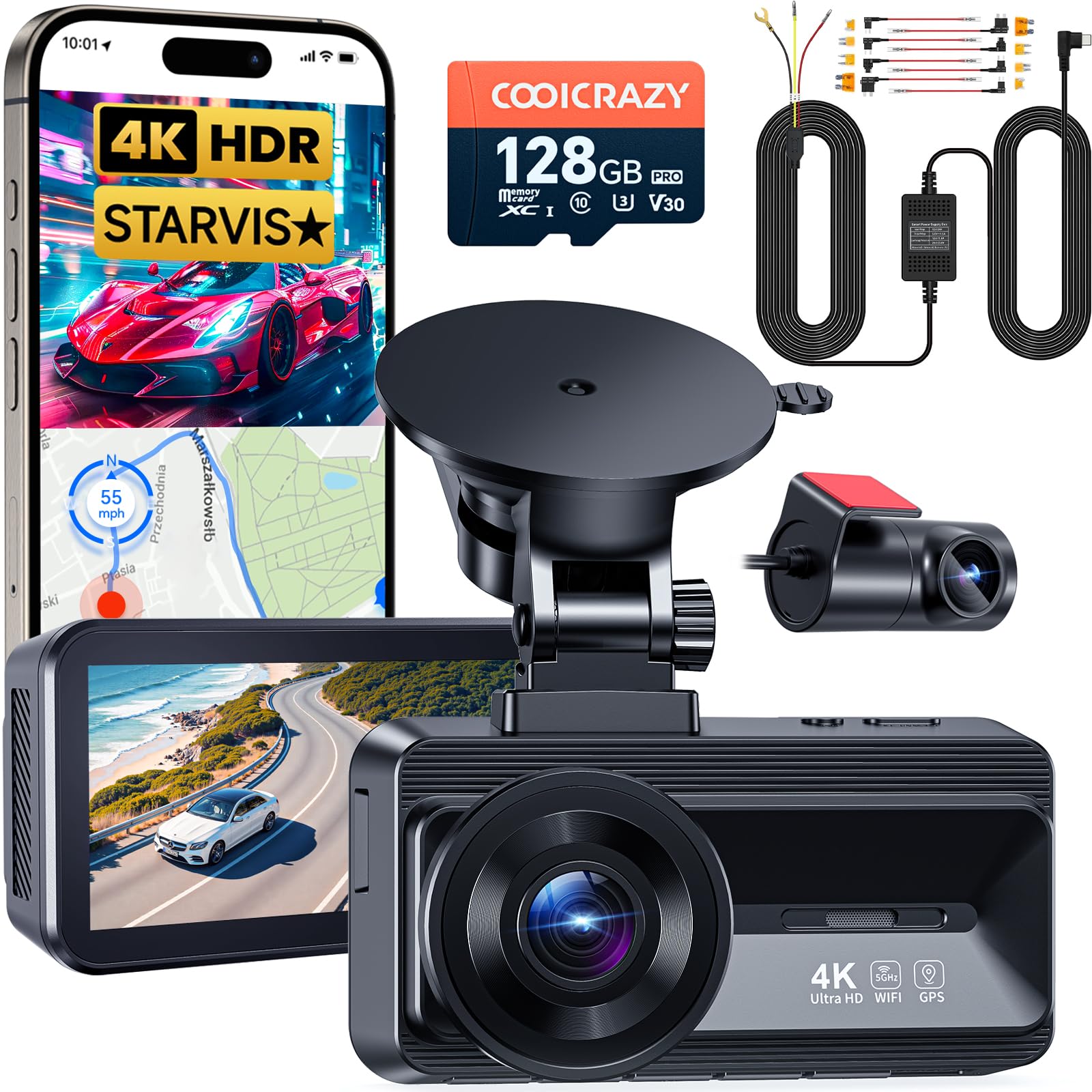 COOLCRAZY 4K Dash Cam Front and Rear Bundle with STARVIS Sensor, 128GB Card, GPS, 5.8G WiFi + Hardwire Kit for N8/N7 Dash Cam, 12ft Type C USB, 12V/24V Input, 5V/2.5A Output, Add-A-Circuit Fuses