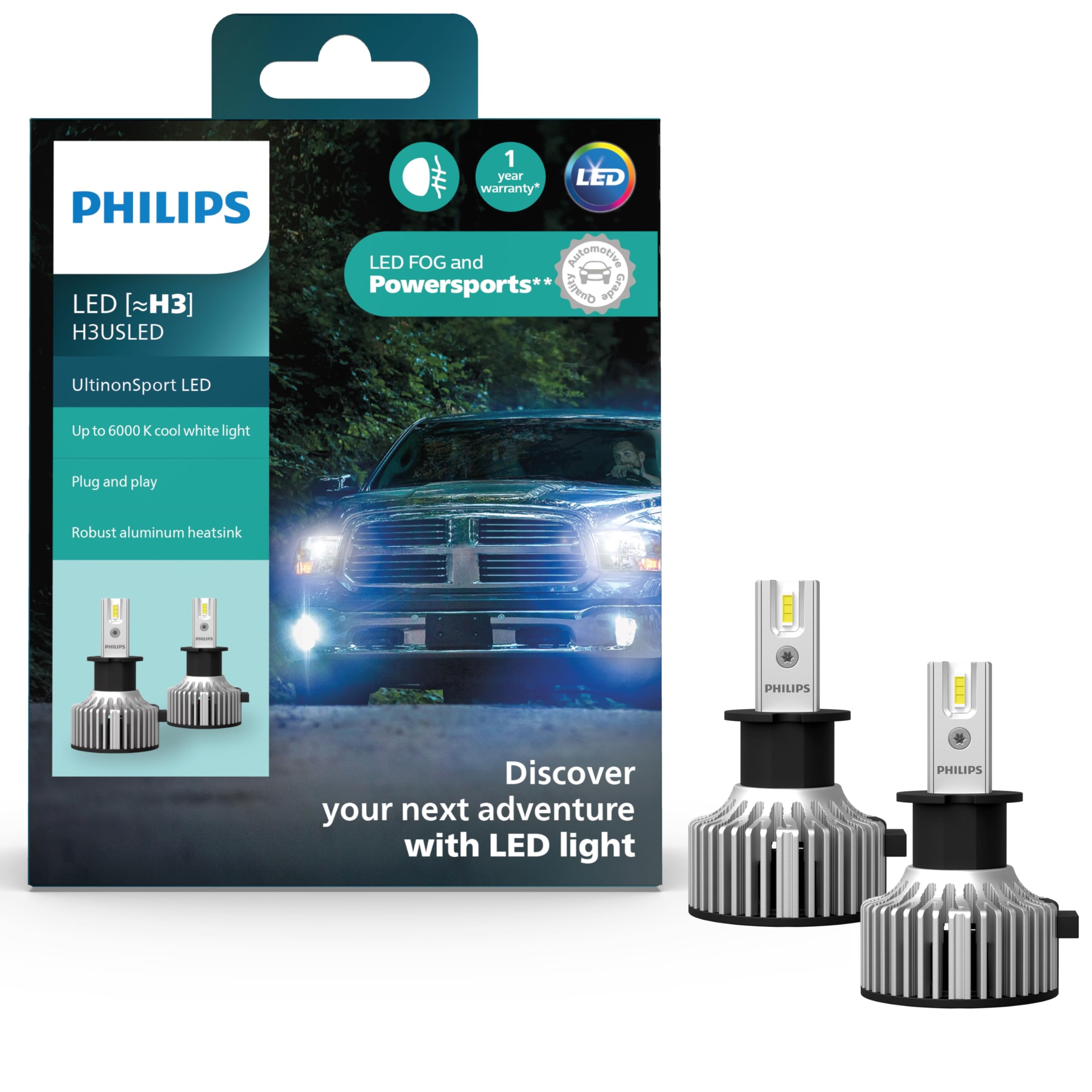 Philips UltinonSport H3 LED Bulb for Fog Light and Powersports Headlights, 2 Pack