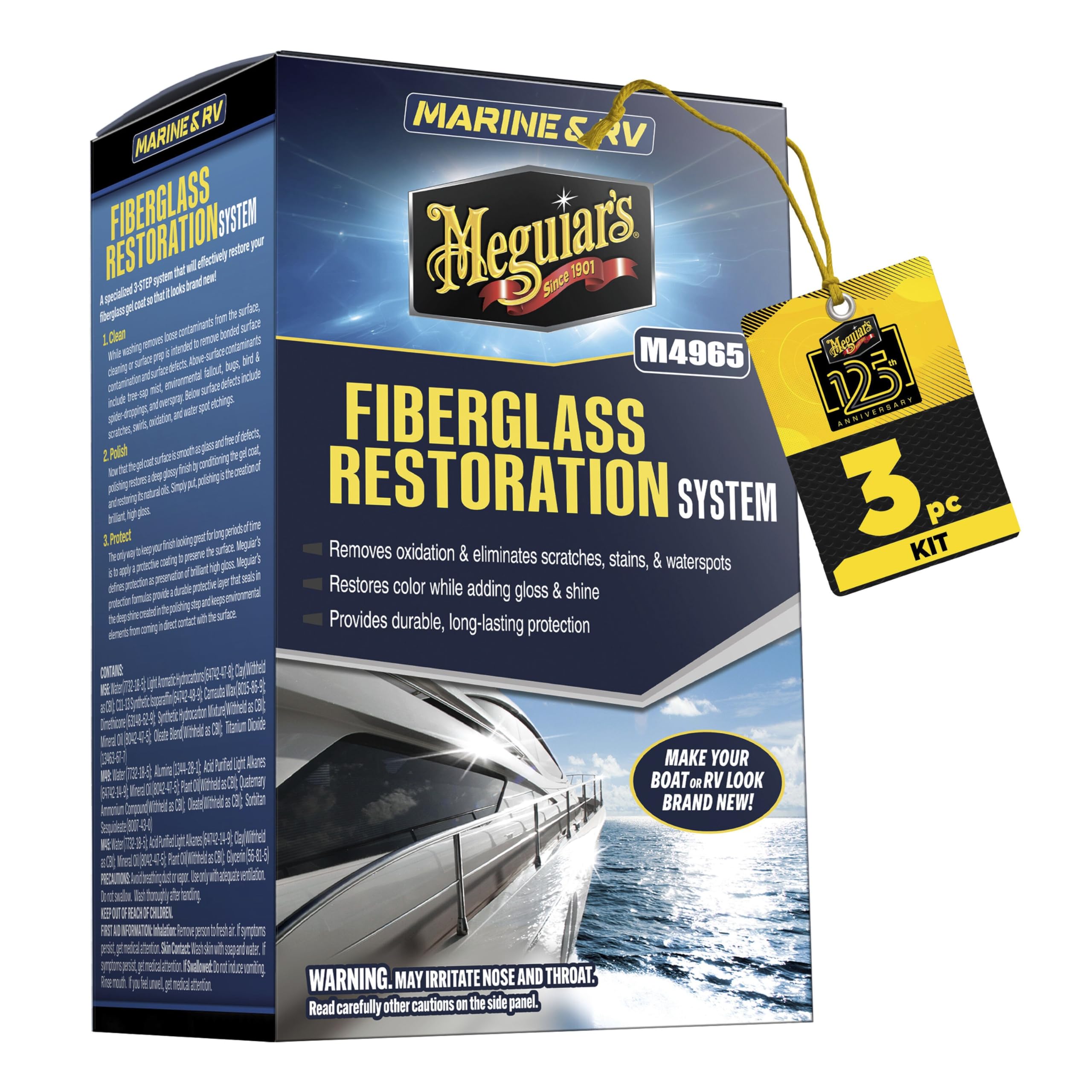 Meguiar's M4965 Marine/RV Fiberglass Restoration System, 3-Piece Marine Fiberglass Repair Kit Featuring Oxidation Remover for Boat Care Plus Boat Polish and Wax