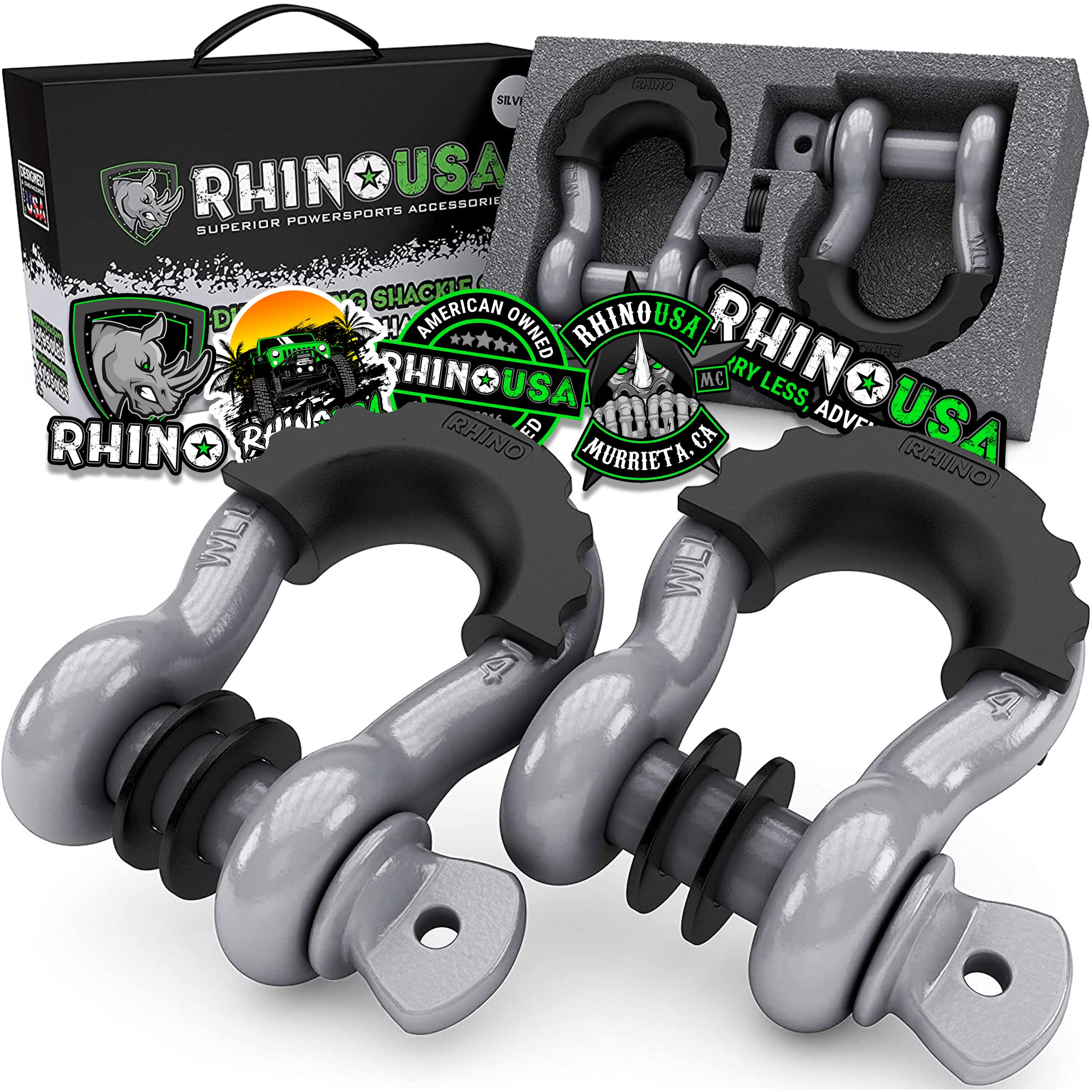 Rhino USA D Ring Shackles (2-Pack) - 41,850lb Break Strength – Heavy Duty 3/4" Clevis Shackle with 7/8 Pin for Towing & Off-Road Use - Pairs with Tow Strap for Vehicle Recovery (Gray)